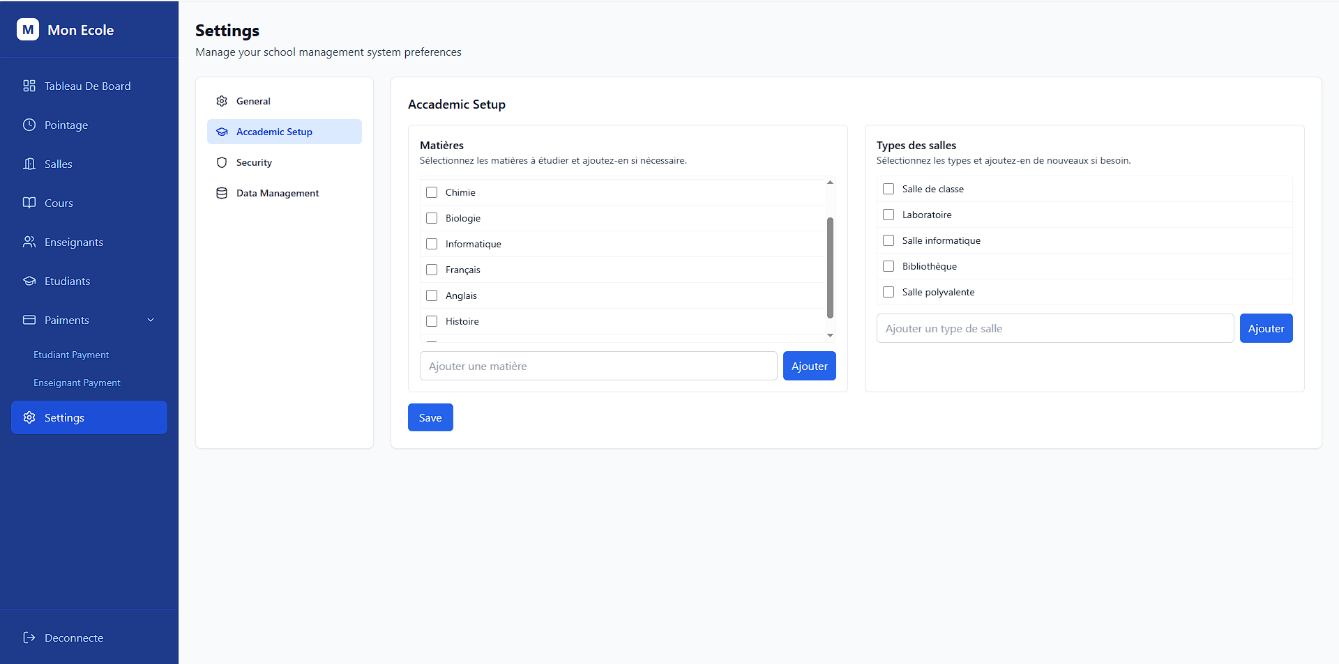 Mon École school management dashboard showing attendance, courses, and financial analytics